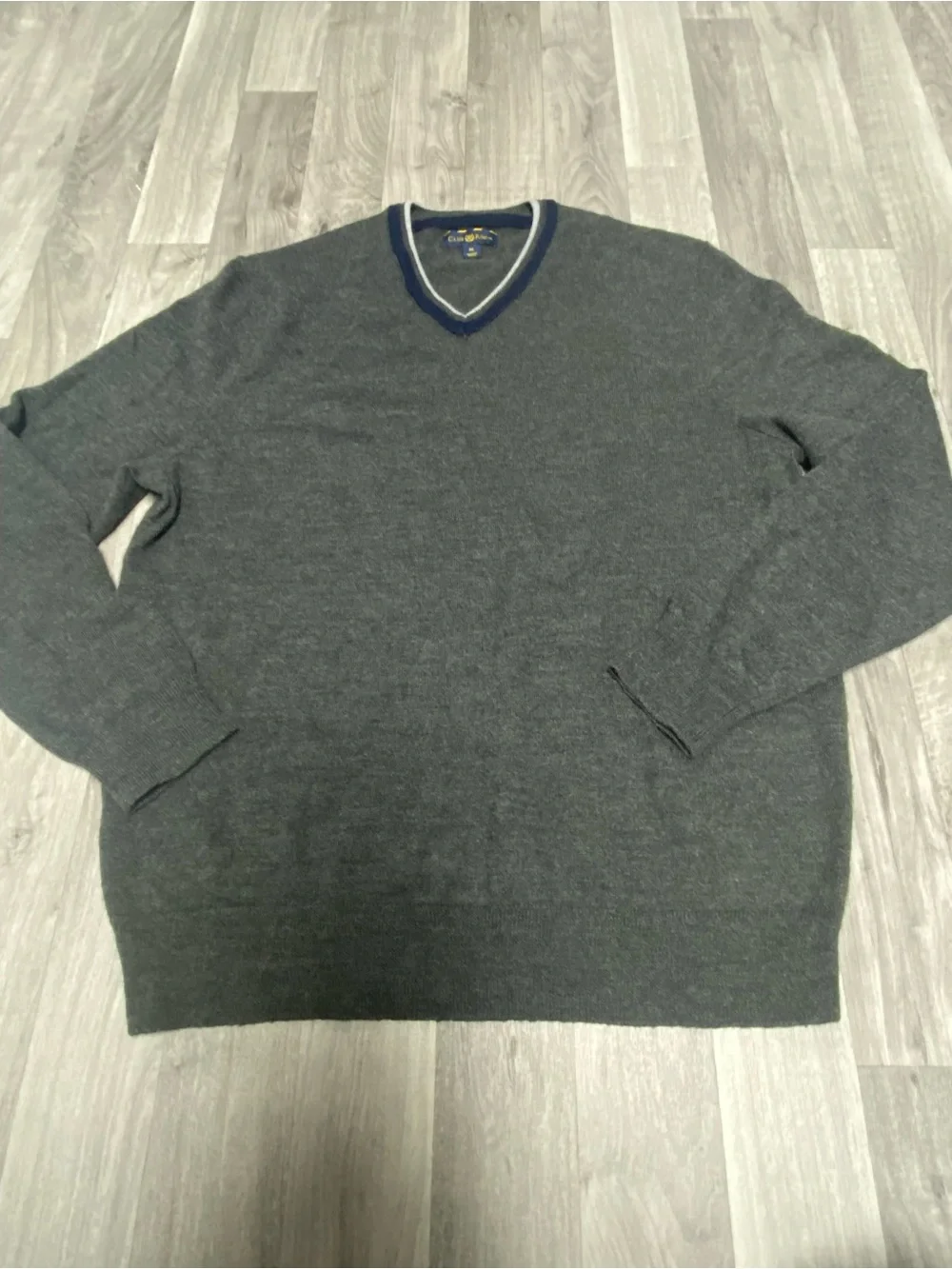 Club Room Men's Charcoal V-Neck Sweater with Navy & White Trim